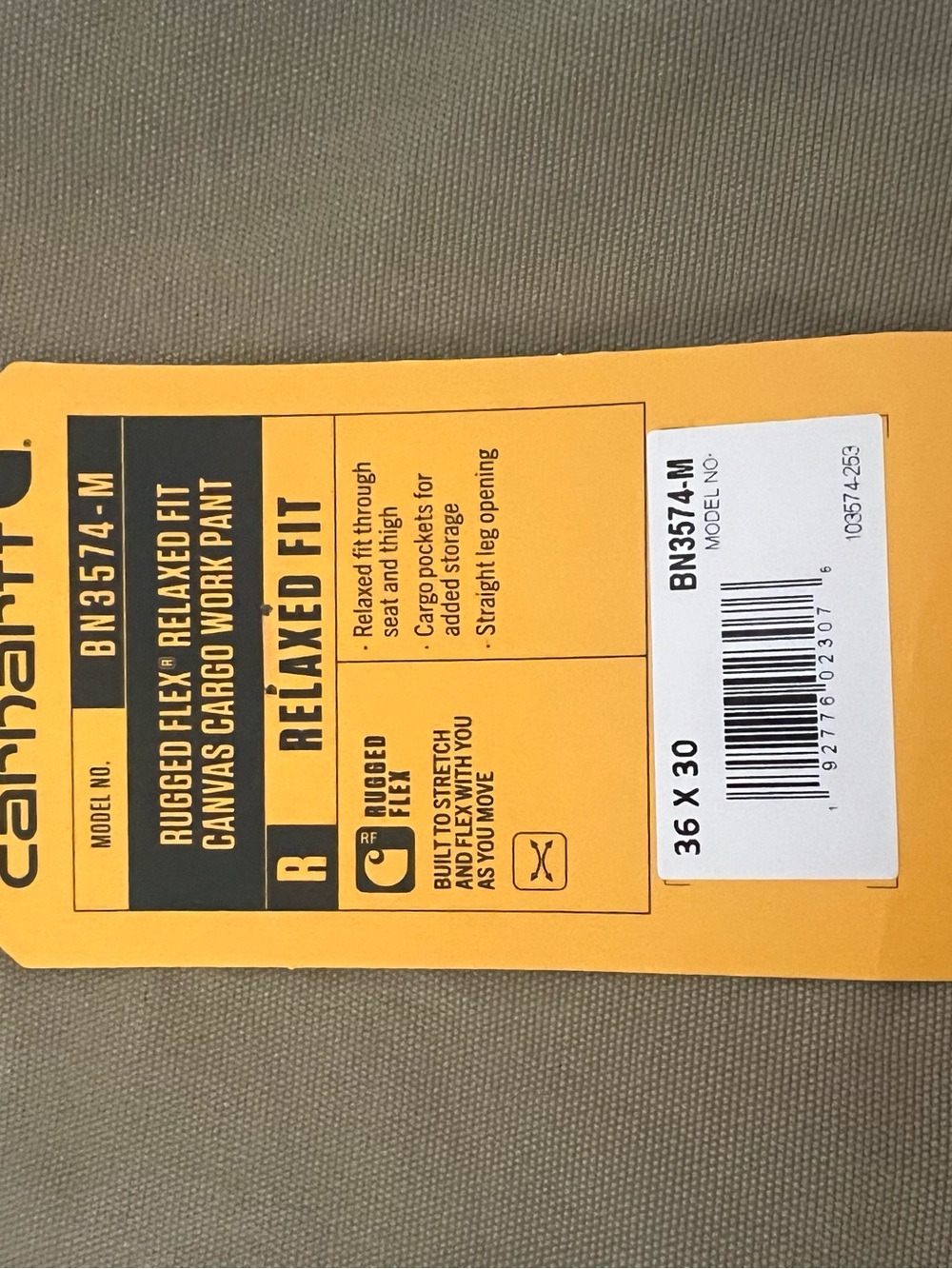 Carhartt Khaki Fabric with Yellow Brand Tag